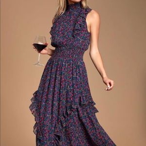 EVALINA NAVY FLORAL PRINT MOCK NECK MIDI DRESS